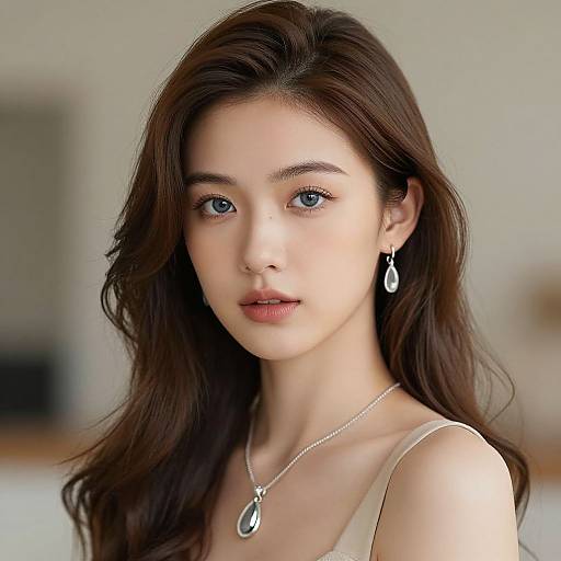 Photograph of a young Asian woman with long, dark brown hair, fair skin, blue eyes, wearing a silver necklace and earrings, in soft,