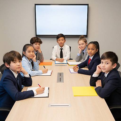 Photograph of seven young boys in formal suits, seated around a light wooden table in a classroom, looking at a blank projector screen behind them.