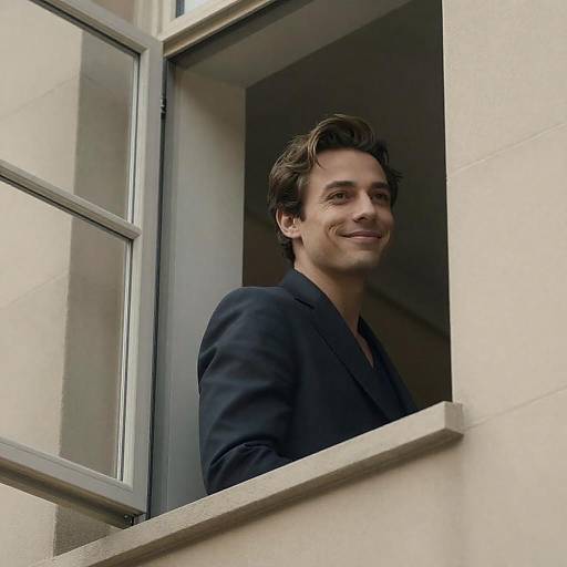 Man in Dark Suit Gazing Through Window