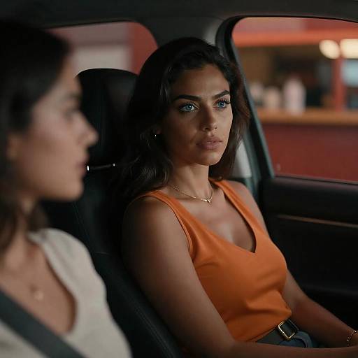 Blue-Eyed Woman in Car at Night