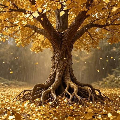 Photograph of a majestic tree with thick, intertwined roots, surrounded by a golden autumn forest, raining leaves in sunlight.