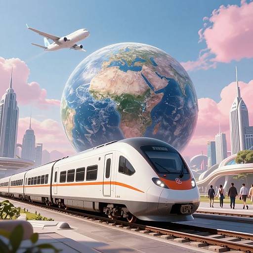 Photorealistic CGI: Modern white train with red stripe on tracks, giant Earth in sky, flying airplane, skyscrapers, pink clouds, people