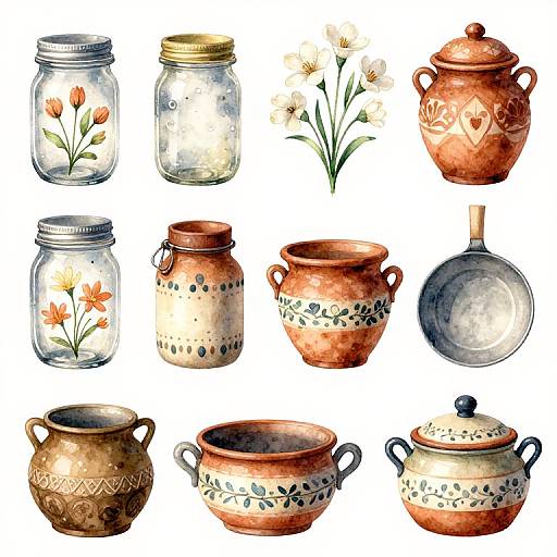 Rustic Country Watercolor Pots and Jars