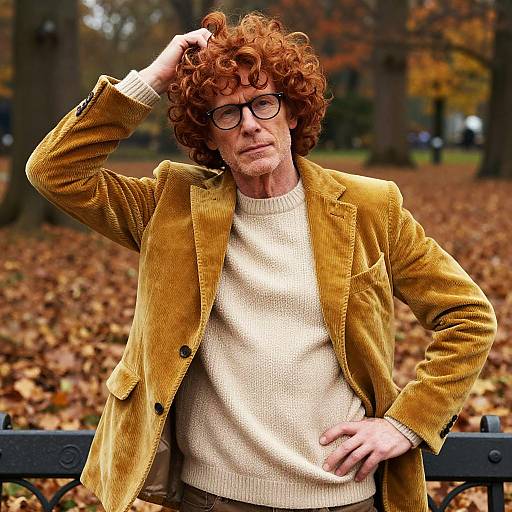 Photograph of a curly red-haired man with glasses, wearing a mustard velvet jacket and white sweater, standing in a fall-laden park.