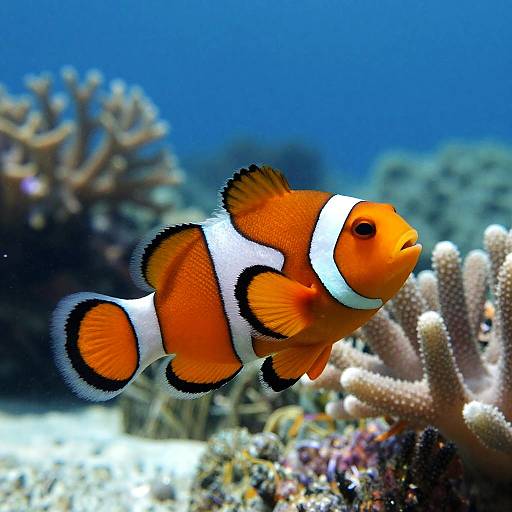 Photograph of an orange and white clownfish with black stripes swimming near coral and sea anemones in a vibrant blue ocean.