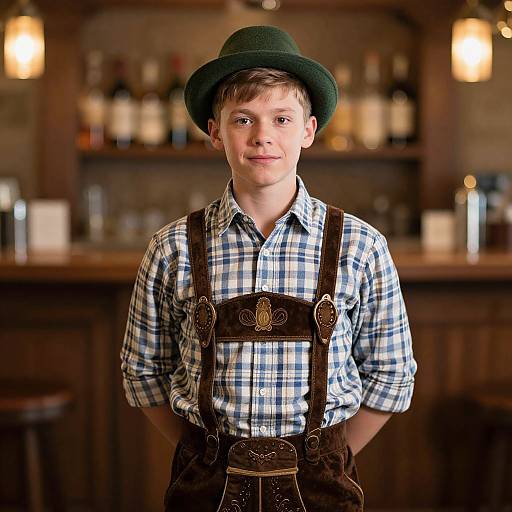 Photograph of a young boy with fair skin, brown hair, and blue eyes, wearing a green hat, checkered shirt, and brown leder
