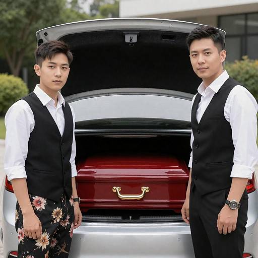 Men Beside Silver Car with Casket