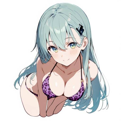 Aqua Haired Girl in Purple Bikini