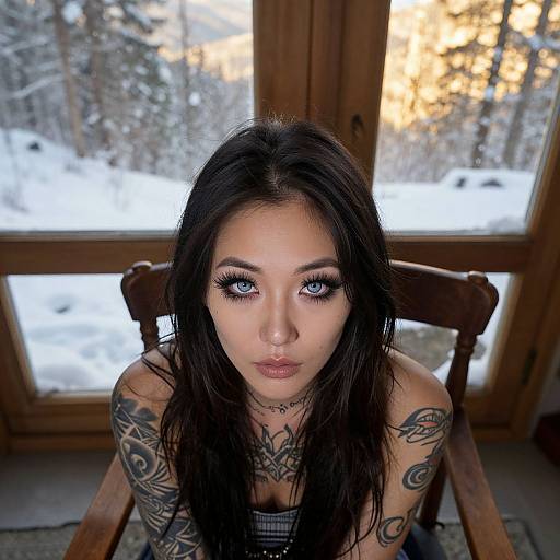 Photograph of a heavily tattooed woman with striking blue eyes and dark hair, sitting indoors by a window overlooking a snowy forest at sunset.