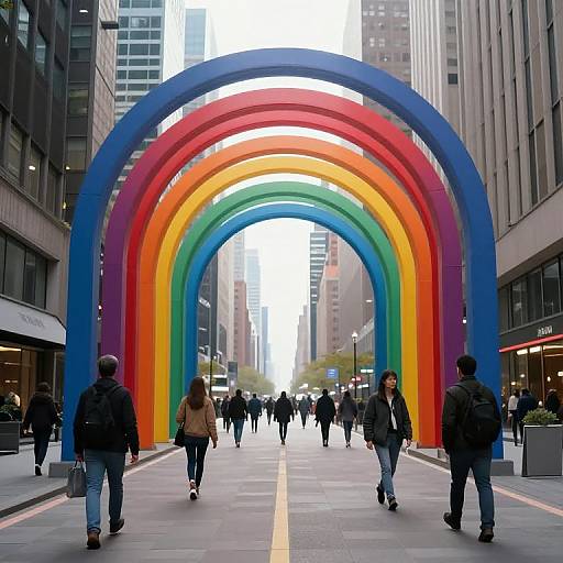 Photograph of a vibrant rainbow-colored archway in a city street, surrounded by pedestrians, tall buildings, and urban storefronts.