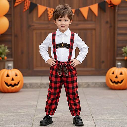 Photograph of a young boy with brown hair in a white shirt, black bow tie, and red-black plaid pants, standing in front of a