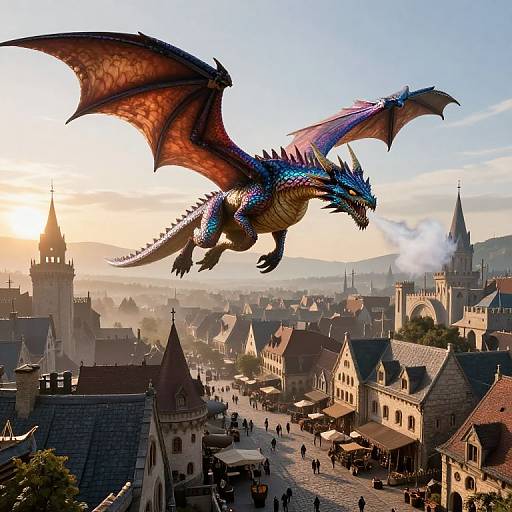 Digital fantasy artwork of a vibrant blue and red dragon soaring over a medieval town with stone buildings, spires, and a sunset sky.