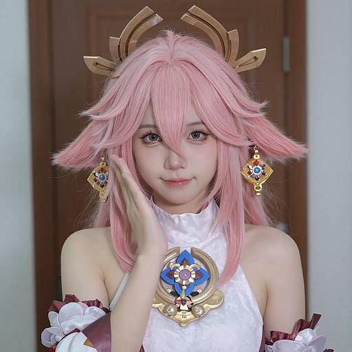 Asian Woman Cosplaying with Pink Hair