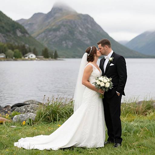 Photograph of a bride in a white lace dress and veil, holding a bouquet, kissing her groom in a black suit by a lake with mountains in