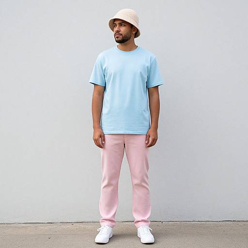 Photograph of a young Black man with a beard, wearing a white bucket hat, light blue t-shirt, pink pants, and white sneakers, standing