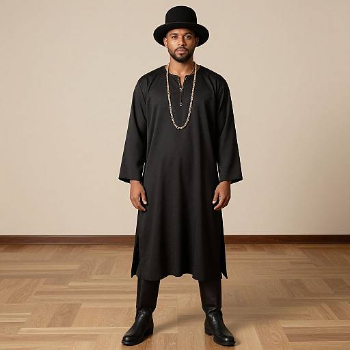 Photograph of a black man with a beard, wearing a long black tunic, black boots, black hat, and long necklace, standing on wooden
