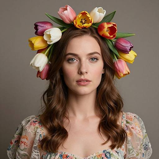 Photograph of a fair-skinned woman with wavy brown hair, wearing a colorful floral headpiece of tulips, and a floral-patterned dress