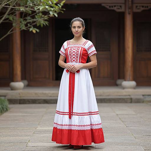 Photograph of a young woman with dark hair in a white and red traditional Polish dress, standing in front of a wooden building.