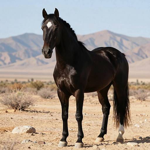 Sunlit Black Horse in Arid Landscape