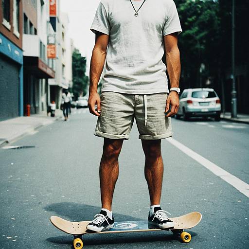 Man in Linen Shorts with Skateboard