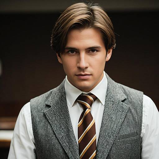 Young Man in Formal Vest and Striped Tie