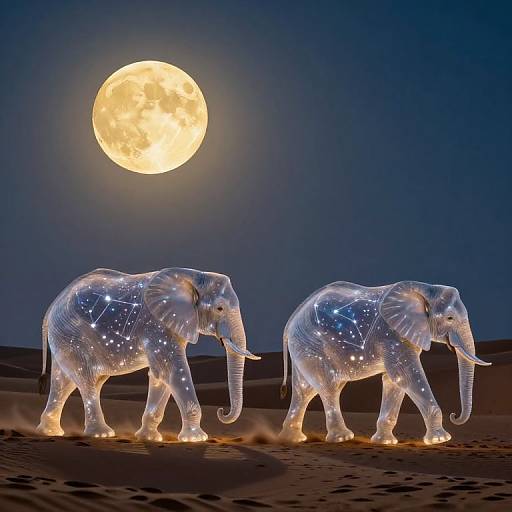 Photograph of two illuminated, transparent, wireframe elephants walking in a dark desert at night, with a large, glowing full moon in the clear sky