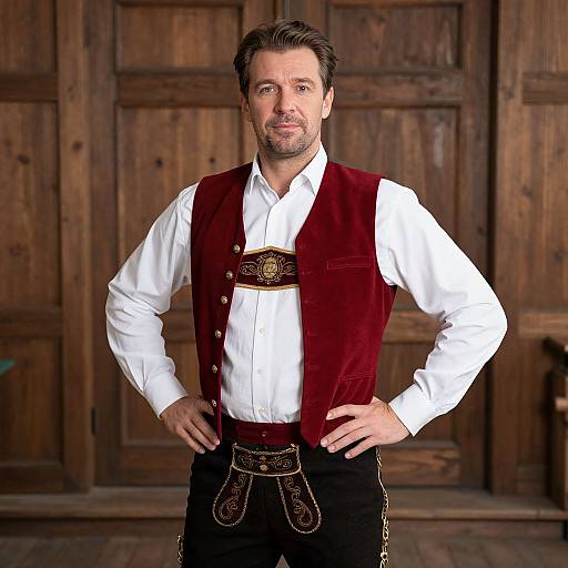 Photograph of a bearded man with short brown hair, wearing a white shirt, red velvet vest, black pants with ornate belt, standing in