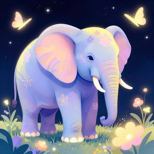 Digital illustration of a glowing, white elephant with pink ear insides, surrounded by butterflies, flowers, and fireflies under a starry night sky.