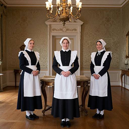 Photograph of three women in black and white Victorian-style maid uniforms, standing in an elegant, ornately decorated room with a chandelier.