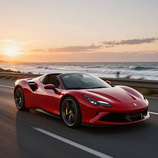 Red Sports Car Speeding at Sunset