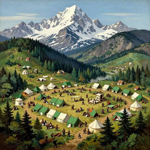 Illustration of a bustling 19th-century mountain camp with green and white tents, people, horses, and dogs, set against a snowy mountain range