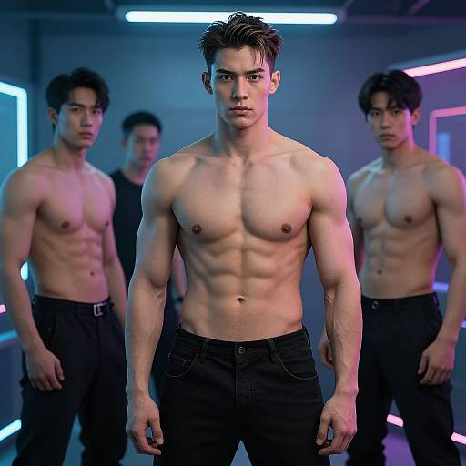Photograph of three muscular, shirtless Asian men with defined abs, wearing black pants, standing in a neon-lit room. Central figure faces camera