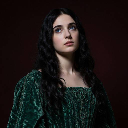 Photograph of a young woman with pale skin, long black wavy hair, blue eyes, wearing a dark green velvet dress, set against a dark
