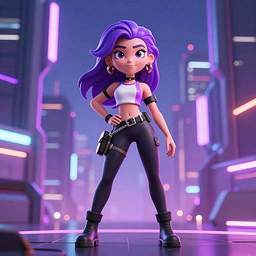Confident Purple-Haired Futuristic Girl