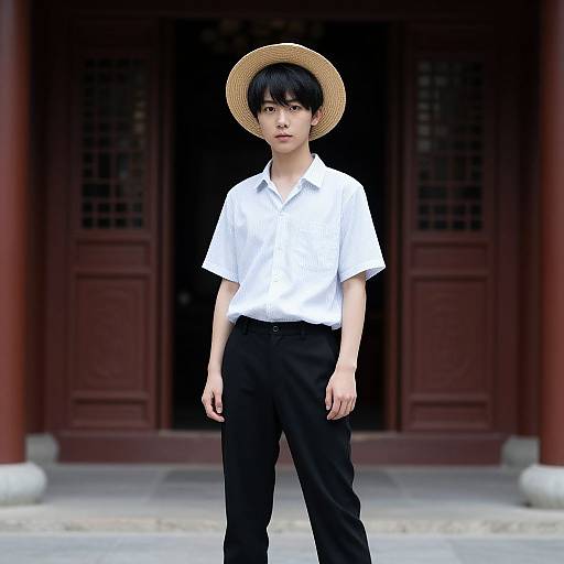 Young Asian boy in white shirt, black pants, and straw hat stands in front of red wooden doors, photograph.