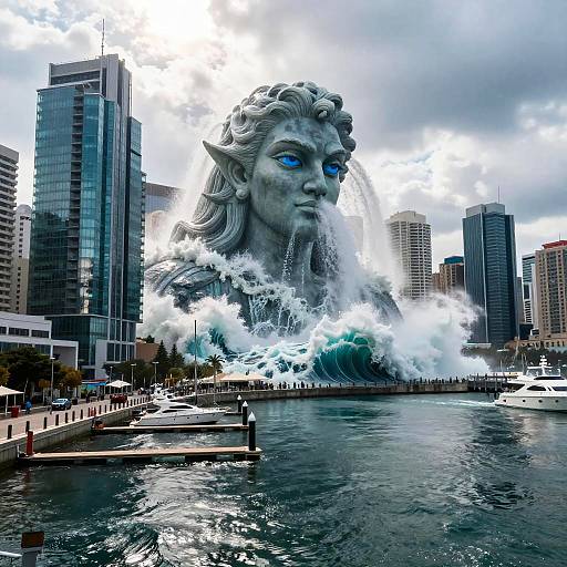 Giant Tidal Wave Spirit Over Seaside City