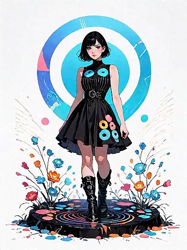 Stylish Woman in Two-Tone Dress with Floral Accents