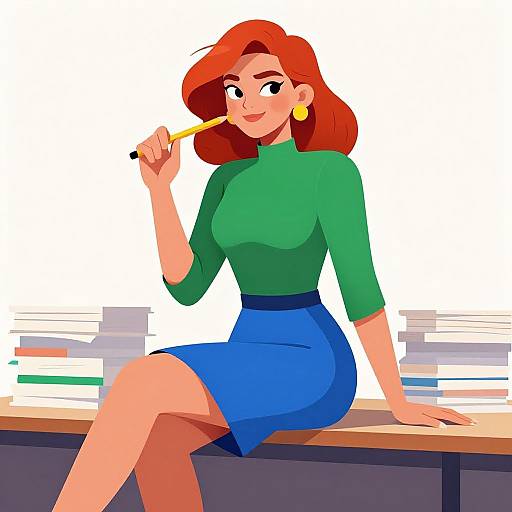 Cartoon-style illustration of a red-haired woman in a green turtleneck and blue skirt, sitting on a desk, holding a pencil, with stacks