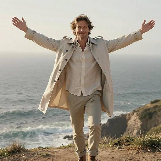 Photograph of a smiling, curly-haired man with open arms, wearing a beige coat and beige pants, standing joyfully on a cliff overlooking a windy