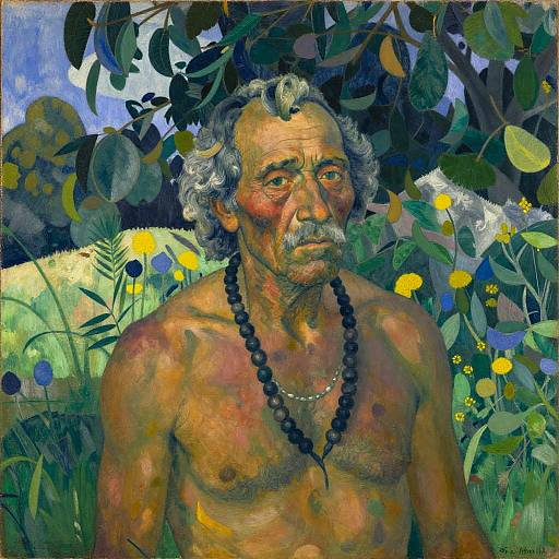 Vivid, expressionist painting of an elderly, shirtless man with curly white hair and beard, wearing a black bead necklace, surrounded by colorful flowers