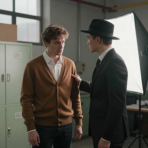Two Men in Industrial Room Having Serious Conversation