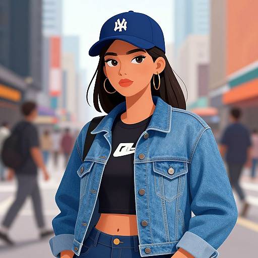 Digital art of a stylish woman in a blue baseball cap, denim jacket, and black crop top, standing in a bustling city street.