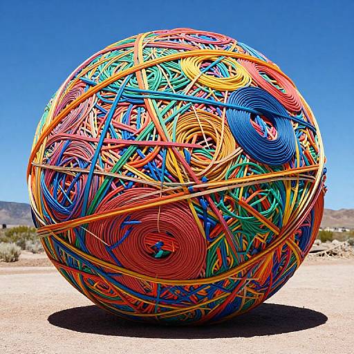 Photograph of a large, colorful, spherical sculpture made from intertwined multicolored yarns, set against a clear blue sky and desert landscape.