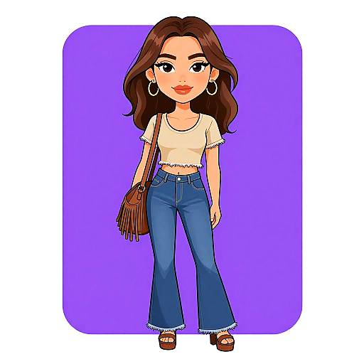 Cartoon-style drawing of a young woman with long brown hair, hoop earrings, white crop top, blue flared jeans, brown fringe bag, and