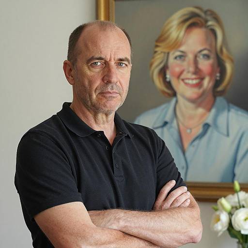 Serious Man in Front of Painted Portrait