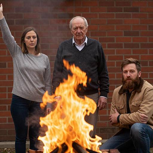 Three People Standing by a Fire