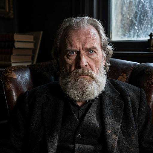 Photograph of an older white man with a long white beard, blue eyes, wearing a dark coat, seated in a dimly lit room with a
