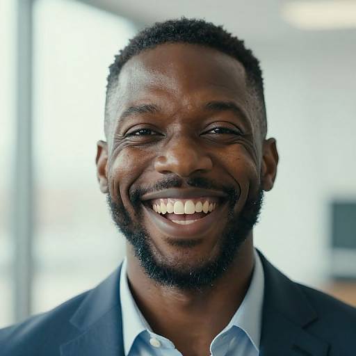 Photograph of a smiling, medium-dark-skinned African-American man with short, curly hair and a beard, wearing a dark suit and light blue shirt