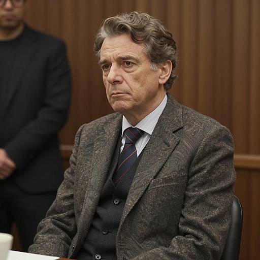 Serious Middle-Aged Man in Formal Suit Sitting Indoors