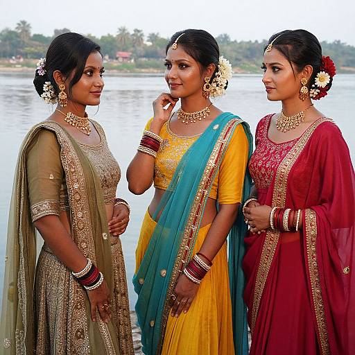 Photograph of three Indian women in traditional sarees by a river, wearing intricate gold jewelry, floral hair accessories, and vibrant sarees in green,